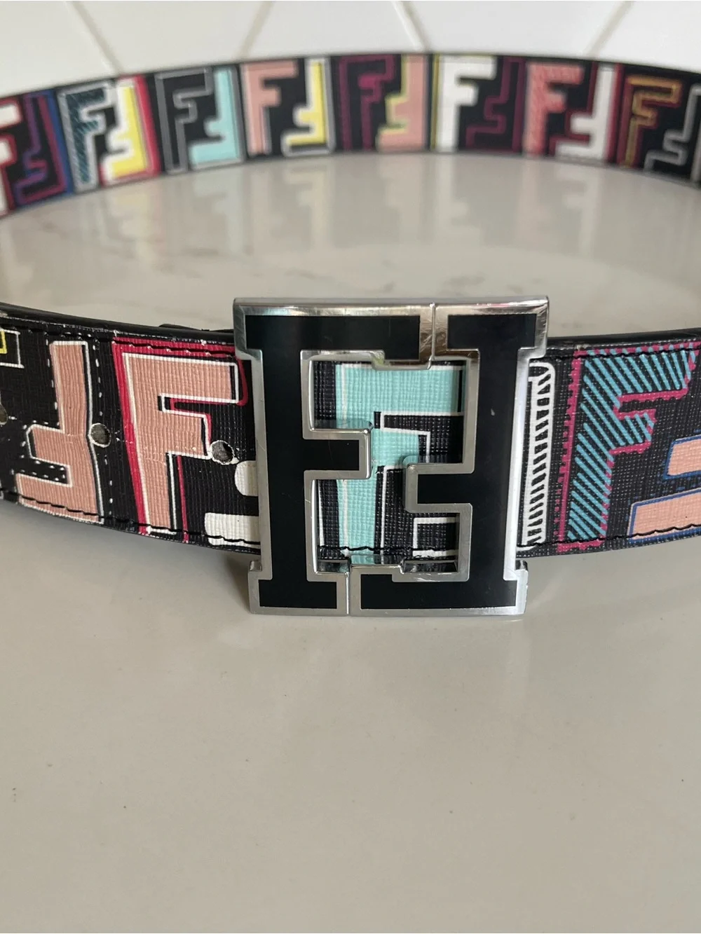 Fendi Black Leather Belt with Multicolor FF Logo and Silver Double F Buckle